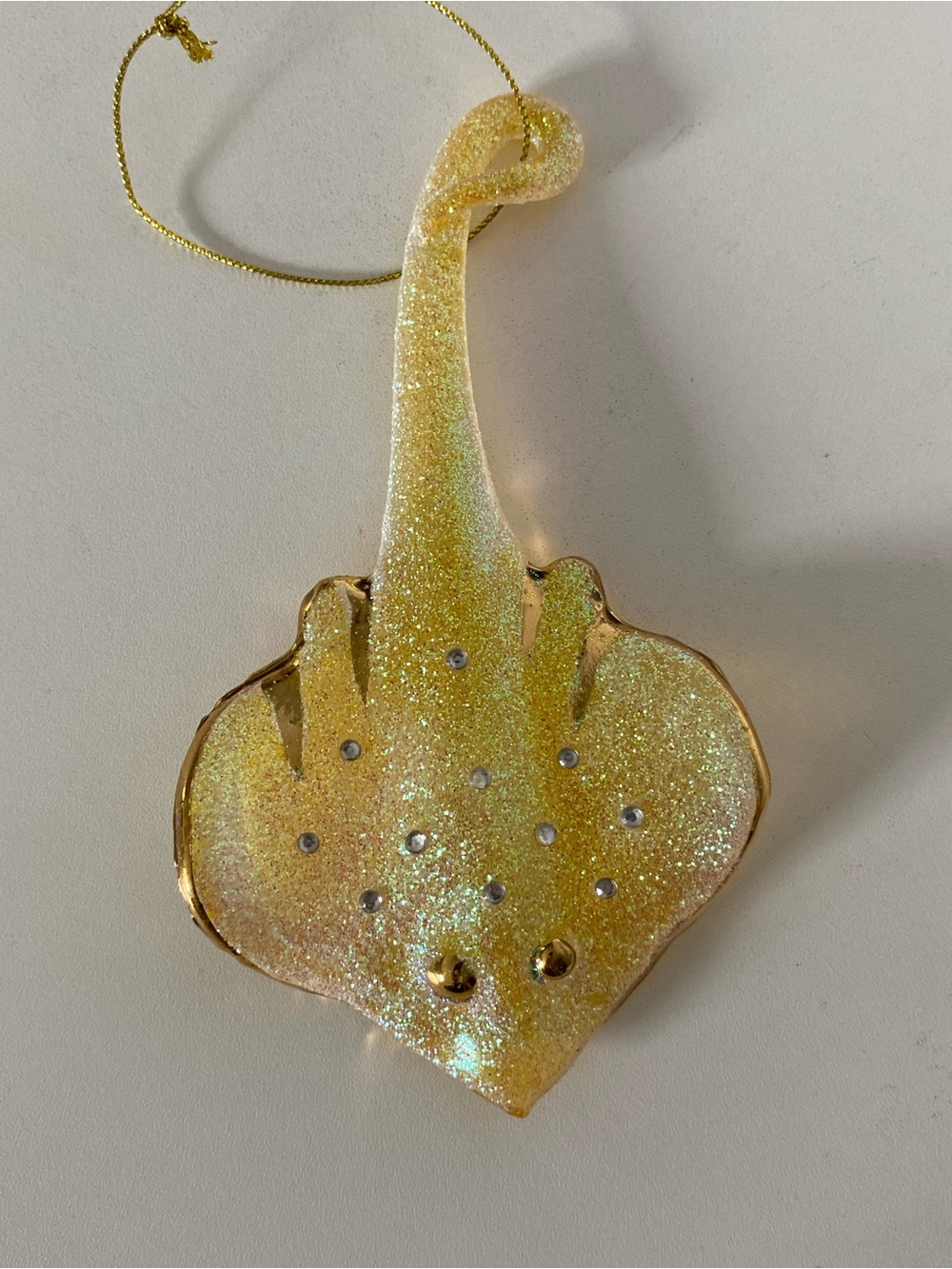 Stingray Christmas Ornament Hand Blown Glass Sting Ray Sparkly 5.5” gold trim